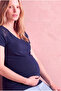 Maternity Navy Blue Viscose V-Neck Short Sleeve Blouse with Collar and Back Lace Detail Quinn - 3