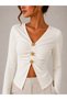 Women's Elegant Flower-Shaped Metal Button Detail Bluz with Gathered Detail - 2