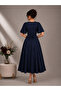 Di̇va Detachable Belt Detailed Navy Blue V-Neck Flared Long Evening Gown/Dress - 2