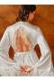 Women's Satin Lace and Otriş Feather Detailed Belt Piece Long Single Dressing Gown, Ideal for Dowry. - 3