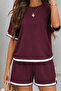 New Season Women's Short Sleeve Crew Neck Stripe Detailed Viscose Two Thread Blouse and Short Shorts Two-Piece Set - 2
