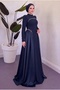 Pearl Detailed Crepe and Satin Combination Flared Hijab Evening Dress - 3