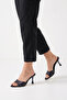 Black Polka Dot Women's Heeled Slippers 9 cm Satin Thin Heel Stylish Event Shoes - 3