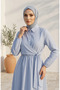 Side Tie Striped Buttoned Hijab Dress 0349-03 Blue - 3