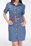 Women's Blue Denim Pocket Detailed Belted Midi Dress - 5