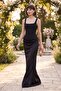 Women's Black Square Neck Strap Long Mermaid Evening Dress - 5
