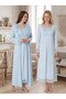 New Season Blue Special Lace Detailed 100% Cotton Breastfeeding-Friendly Design Long Sleeve Maternity Dressing Gown Nightgown Set - 3