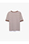 Cotton Short Sleeve Contrast Piping Crew Neck Striped Ribbed T-Shirt - 6