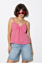 Women's Fuchsia White V-Neck Bow Detailed Thin Strap Blouse with Gipe Detailed Back 20194 60286267 - 4