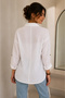 Women's White Cotton Linen Double Pocket Wooden Button Oversize Loose Oval Cut Long Sleeve Beach Shirt - 3