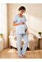 New Season Blue Stylish Scallop Detailed Short Sleeve Design Buttoned 100% Cotton Maternity Pajama Set - 6
