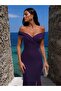 Purple Glitter Boat Neck Slit Fish Model Evening Dress 582013