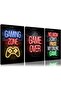 Neon Gaming Quote 3 Piece Gallery Wrapped Canvas Wall Art | 3x 30x40cm 12x16 inch | Gaming Zone Game Over Wall Decor