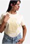 Women's Beige Loose Fit Foam Embroidery Design T-Shirt - 3