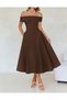 Brown Galadriel Madonna Collar Double Fabric Flared Midi Dress Tns-9003 - 2