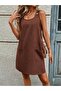 Women's Sleeveless Thick Strap Button Detail Linen Dress with Pockets