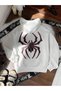 Women's White Spider Printed 3 Thread Hooded Hoodie Sweatshirt