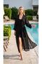 Women's Black Jacquard Chiffon Checkered Floral Detailed Transparent Pareo Kimono Belted Beachwear - 7