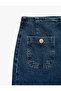 Cotton Pocketed Buttoned Wide Short Leg Denim Trousers - Culotte Jeans - 3