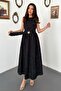 Women's Black Midi Dress with Floral Embroidery, Belted, Gathered, Lined, A-Line