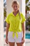 Yellow Shirt Collar Short Sleeve Buttoned Embroidered Hem Tie Casual Cotton Crop Woven Blouse 55 63 - 7