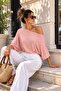 Women's Pink Boat Neck Ribbed Textured Loose Off-Shoulder Short Sleeve Blouse