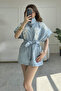 Embroidered Front with Belt Long Light Blue Denim Vest - 5