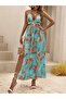 Women's Rope Strap Halter Neck V-Neck Slit Long Patterned Single Jersey Turquoise Dress - 4