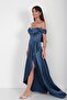 Women's Strapless Neckline Low Sleeve Underwire Side Ruffle Lined Long Satin Dress - 2