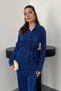 Women's Cobalt Blue Shirt-Pants Set Twill Shirt Pants Set Lace-Up Waist Buttoned Long Sleeve Wide - 3