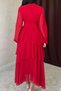 Women's Red Long Sleeve High Neck Waist Accent Layered Flounce Maxi Dress - 5