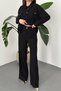 Women's Black Shirt Pants Set Buttoned Lace-Up Ribbed Wide Leg Pants with Pockets - 4