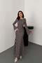 Women's Brown Polka Dot Long Dress Round Neck Flounce Sleeves Fitted Maxi