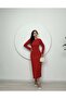 Women's Red - Red Maxi Asymmetrical Collar Draped Belted Long Sleeve Satin Dress - 2