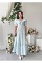 Women's Blue Midi Dress with Plaid Pattern, Ruffle Collar, Balloon Sleeves and Lace Detail - 8