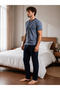 Men's Gray Buttoned Collar Cotton Long Pants Pajama Set Navy Blue Bottom Comfortable Home Wear - 2