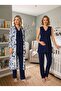 New Season Navy Blue Patterned Buttoned Design Lace Detailed Wide Strap Maternity Pajama Set 3-Piece Set - 5