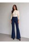Women's Navy Blue High Waist Ribbed Stitched Spanish Leg Scuba Crepe Gathering Trousers - 3