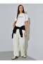 Beige Wide Leg Joggers with Slogan and Cross Stitch Detail