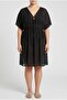 Black V-Neck Wood Bead Detailed Gathered Waist Bat Sleeve Lightweight Chiffon Pareo