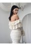 Women's Beige Strapless Long Sleeve Flounce Lace Midi Bodycon Dress - 3