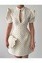 Women's Ecru Mini Dress with Polka Dots, High Neckline, Chest Cutout, Balloon Sleeves - 2