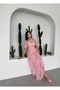 Women's Pink Floral Patterned Chiffon Sweetheart Neck Gathered Flounce Midi Dress - 5