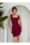 Women's Burgundy Mini Dress Square Neck Floral Appliqué Strap Atlas Cocktail Dress