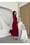 Women's Burgundy Chiffon High Neck Long Balloon Sleeve Belted Ruffle Maxi Dress - 8