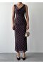 Women's Coffee Color Midi Dress Plaid Patterned Degaje Collar Draped Strap Tulle - 2
