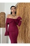 Women's Burgundy Off Shoulder Lace Embroidered Long Sleeve Midi Dress - 7