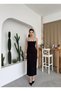 Women's Black Floral Appliqué Square Neck Strappy Fitted Midi Dress - 6