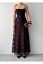Women's Coffee Color Strappy Back Tie Square Neck Lace Long Evening Dress - 3