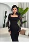 Women's Black Midi Dress Square Neck Long Lace Sleeves Draped Evening Dress - 5
